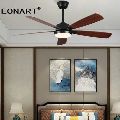 Modern black & white led ceiling fan with wood blades bedroom