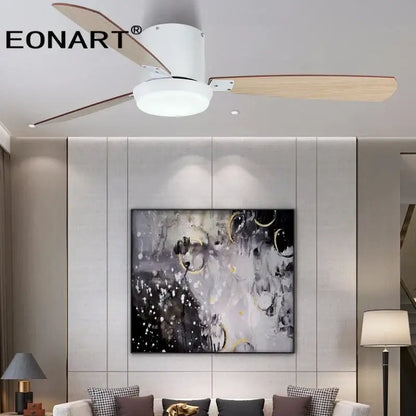 Modern black & white led ceiling fan with wood blades bedroom