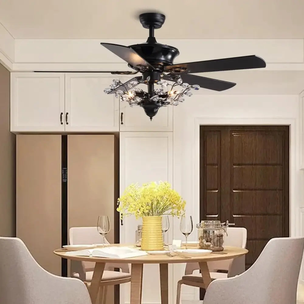 Luxury black crystal ceiling fan with wood blades living room remote