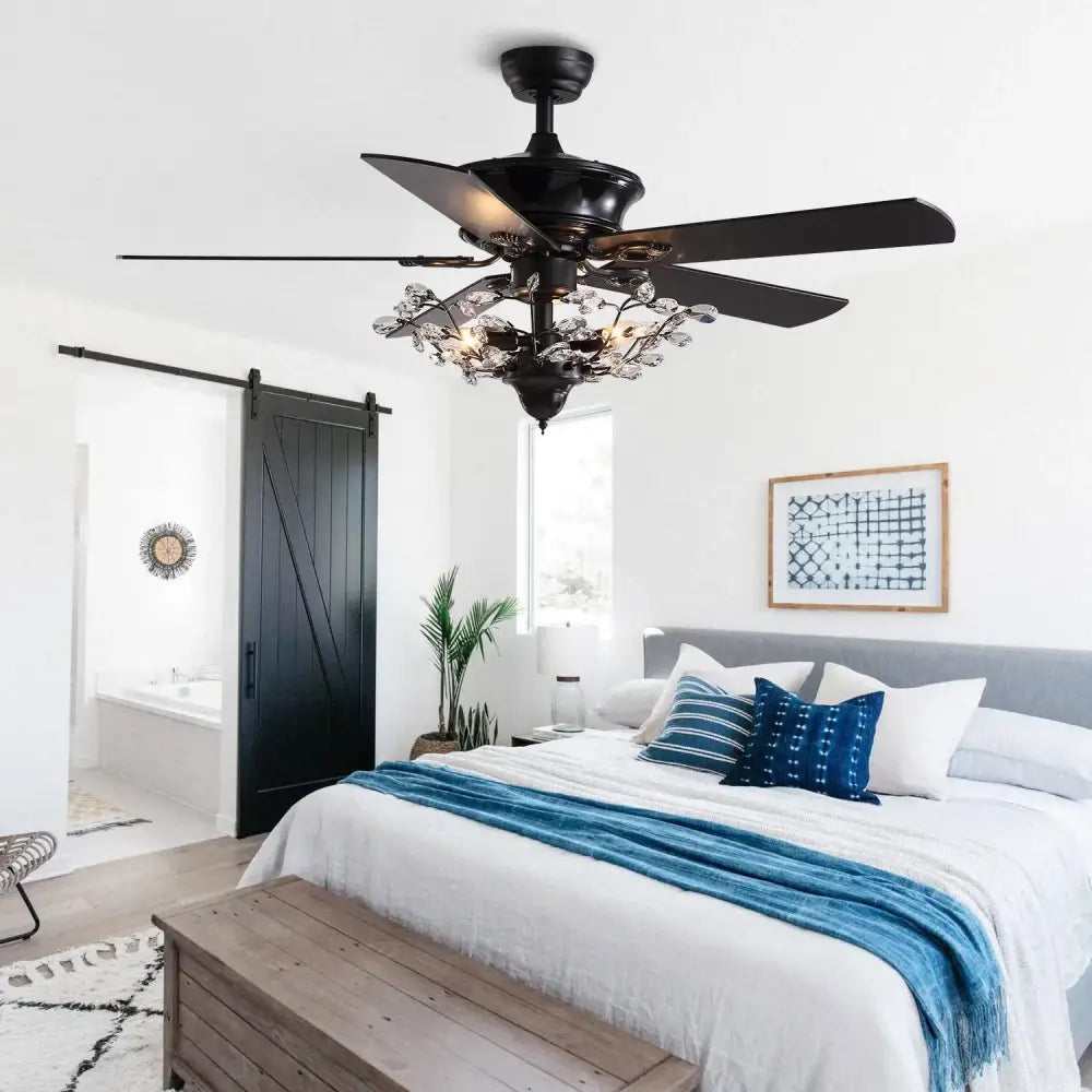 Luxury black crystal ceiling fan with wood blades living room remote