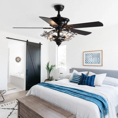 Luxury black crystal ceiling fan with wood blades living room remote