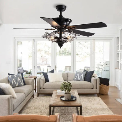 Luxury black crystal ceiling fan with wood blades living room remote