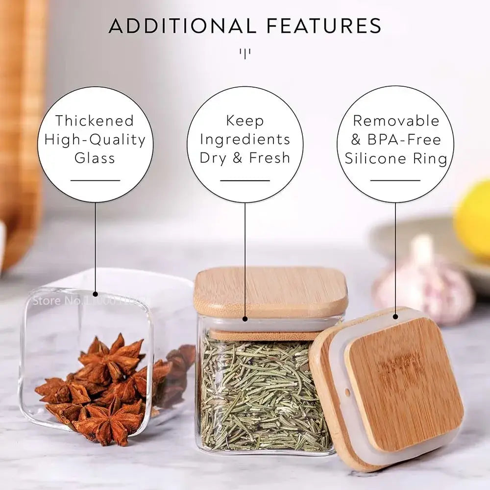 Minimalist 5oz glass jars with bamboo lids and labels kitchen storage