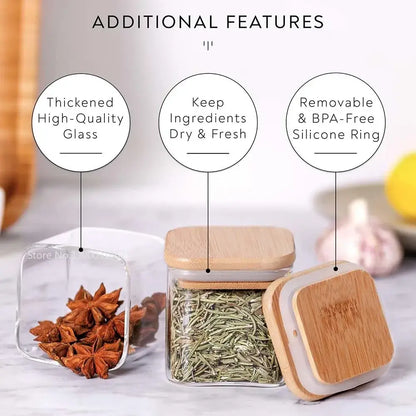 Minimalist 5oz glass jars with bamboo lids and labels kitchen storage