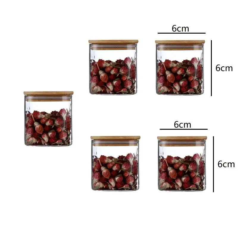 Minimalist 5oz glass jars with bamboo lids and labels kitchen storage