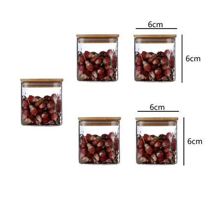 Minimalist 5oz glass jars with bamboo lids and labels kitchen storage