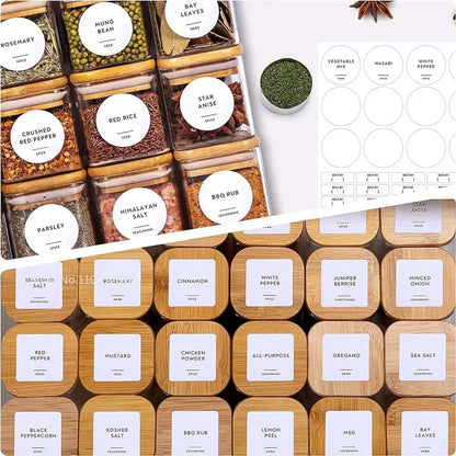Minimalist 5oz glass jars with bamboo lids and labels kitchen storage