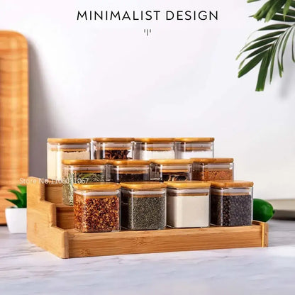 Minimalist 5oz glass jars with bamboo lids and labels kitchen storage