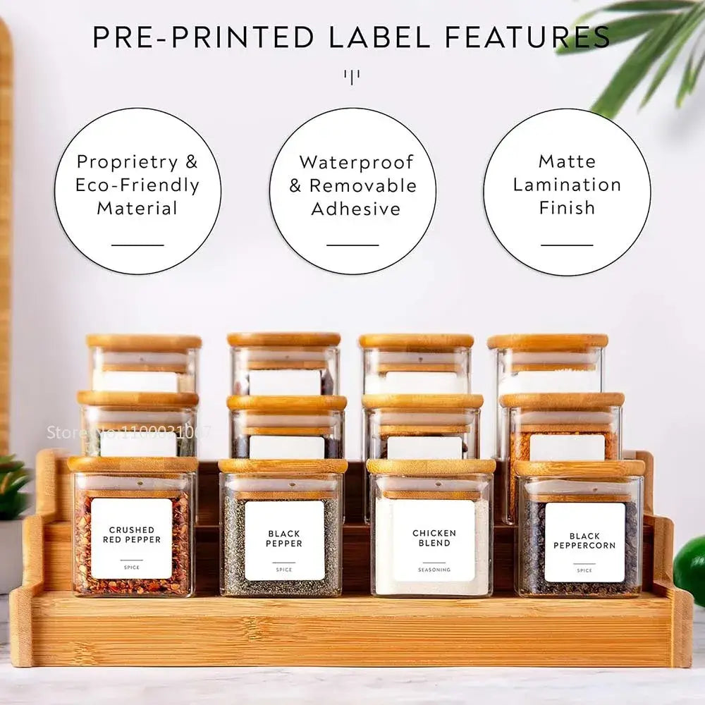 Minimalist 5oz glass jars with bamboo lids and labels kitchen storage