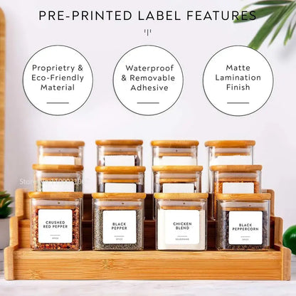 Minimalist 5oz glass jars with bamboo lids and labels kitchen storage