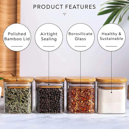 Minimalist 5oz glass jars with bamboo lids and labels kitchen storage