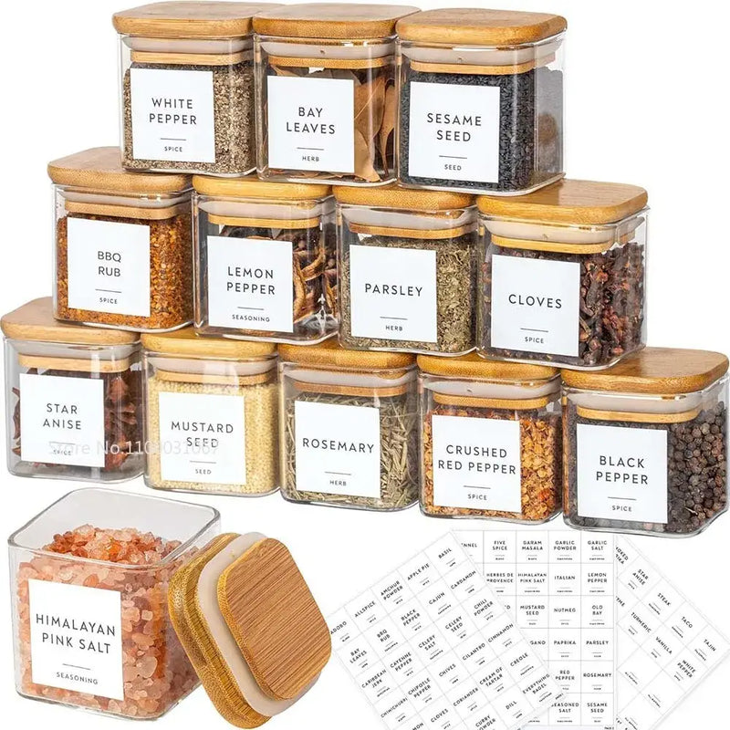 Minimalist 5oz glass jars with bamboo lids and labels kitchen storage