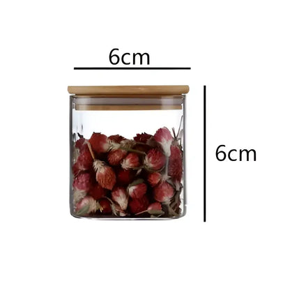 Minimalist 5oz glass jars with bamboo lids and labels kitchen storage