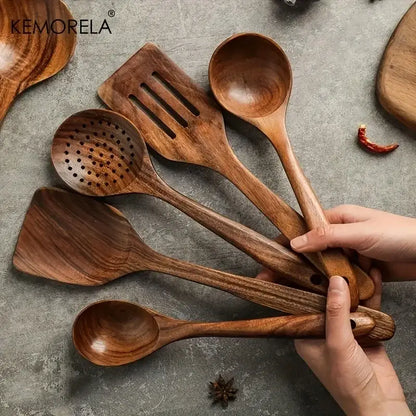 Natural teak wooden cooking spoon set kitchen utensils