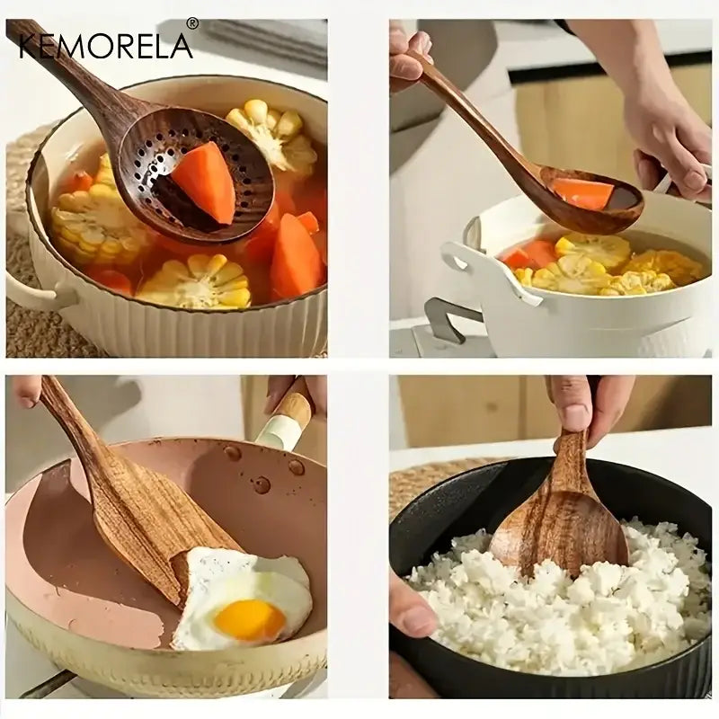 Natural teak wooden cooking spoon set kitchen utensils