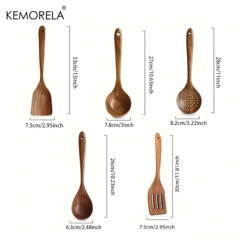 Natural teak wooden cooking spoon set kitchen utensils