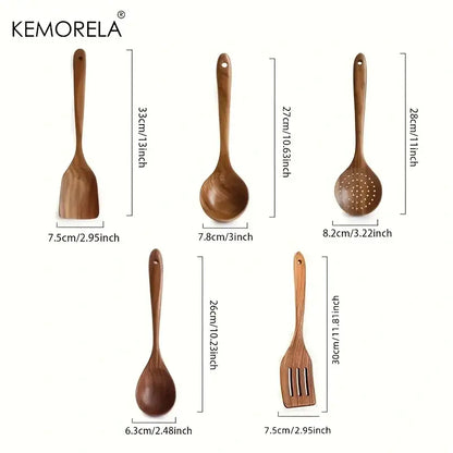 Natural teak wooden cooking spoon set kitchen utensils