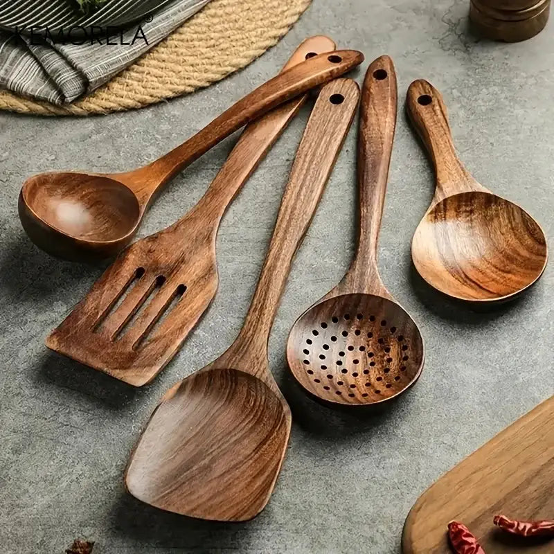 Natural teak wooden cooking spoon set kitchen utensils