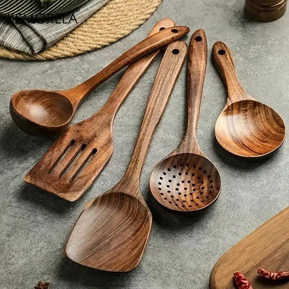 Natural teak wooden cooking spoon set kitchen utensils