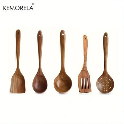Natural teak wooden cooking spoon set kitchen utensils