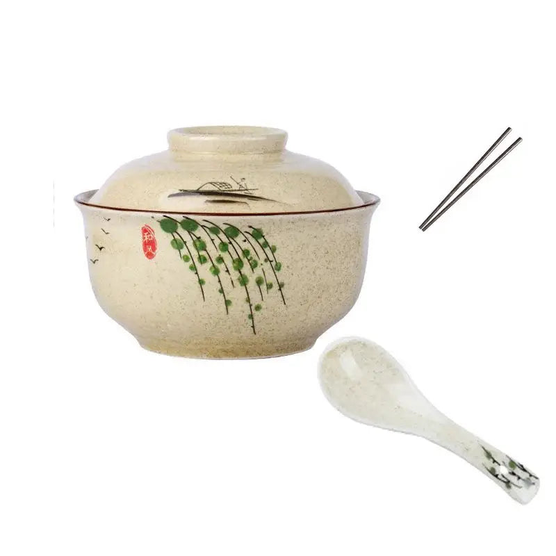 Retro hand painted cream ceramic ramen bowl set kitchen dining room