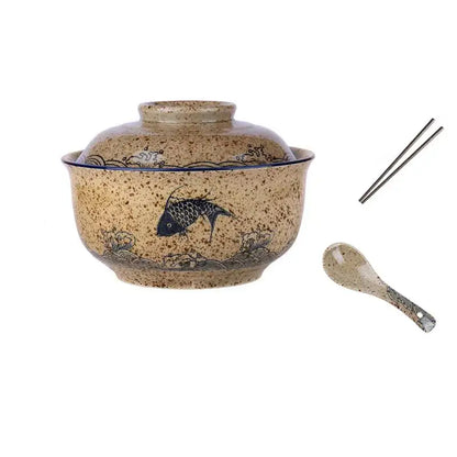 Retro hand painted cream ceramic ramen bowl set kitchen dining room
