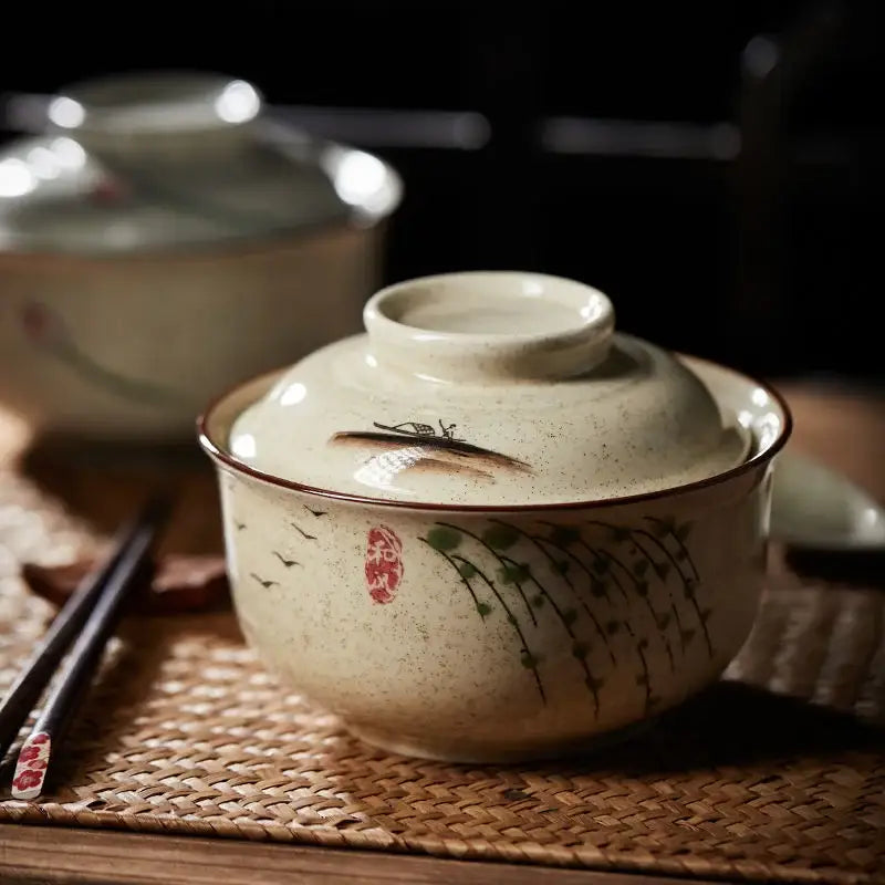Retro hand painted cream ceramic ramen bowl set kitchen dining room