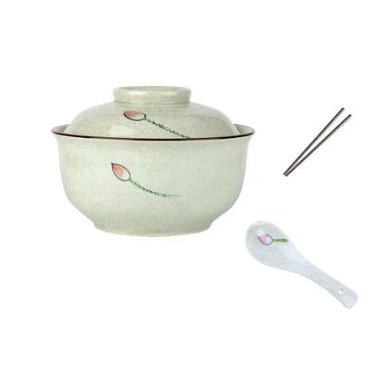 Retro hand painted cream ceramic ramen bowl set kitchen dining room