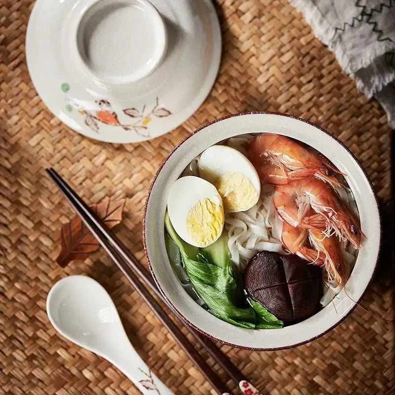 Retro hand painted cream ceramic ramen bowl set kitchen dining room