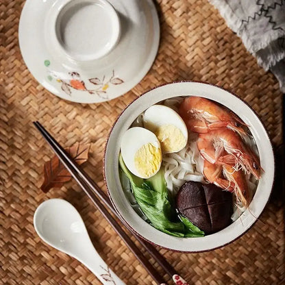 Retro hand painted cream ceramic ramen bowl set kitchen dining room
