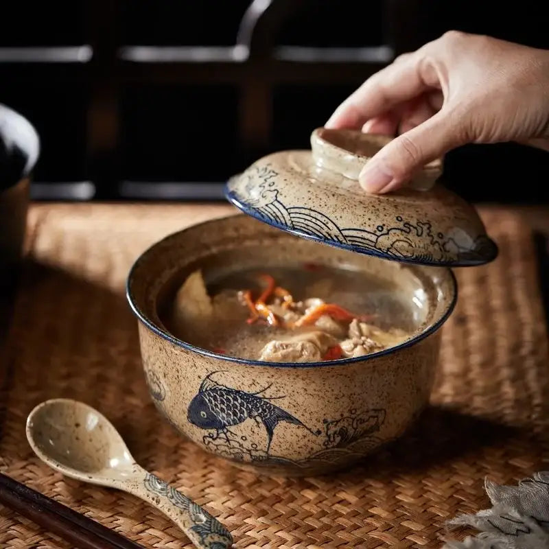 Retro hand painted cream ceramic ramen bowl set kitchen dining room