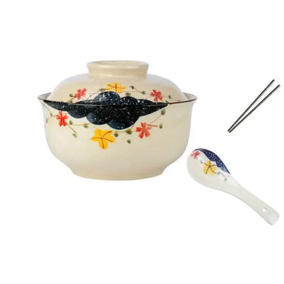 Retro hand painted cream ceramic ramen bowl set kitchen dining room
