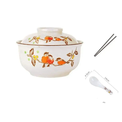 Retro hand painted cream ceramic ramen bowl set kitchen dining room
