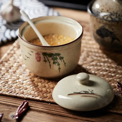 Retro hand painted cream ceramic ramen bowl set kitchen dining room