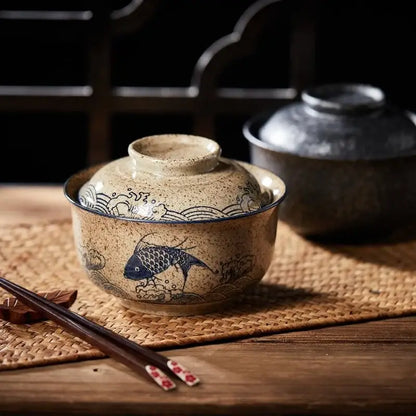 Retro hand painted cream ceramic ramen bowl set kitchen dining room