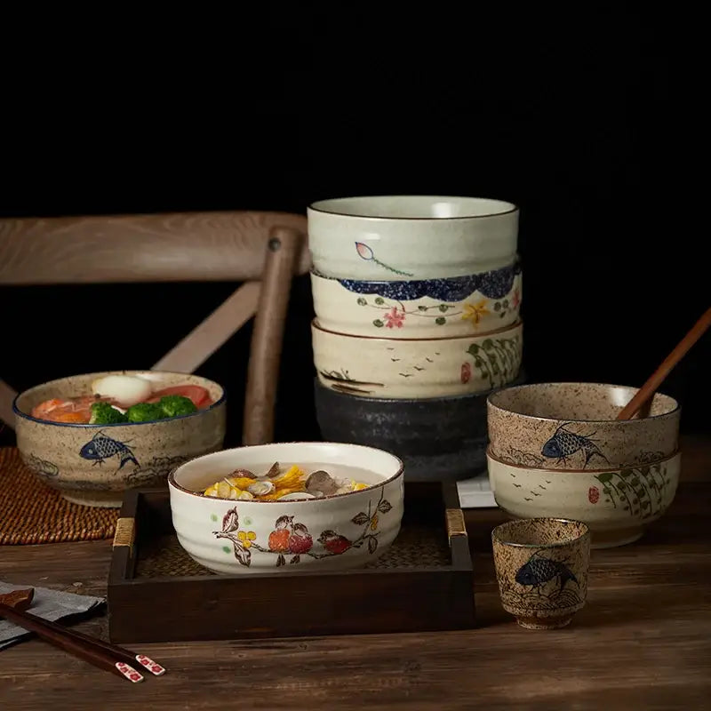 Hand-painted nature motif ceramic ramen bowl – kitchen dining bowl