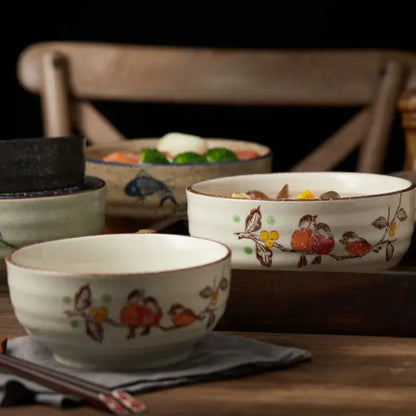 Hand-painted nature motif ceramic ramen bowl – kitchen dining bowl
