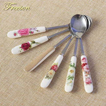 European floral bone china coffee spoon set dining room tableware