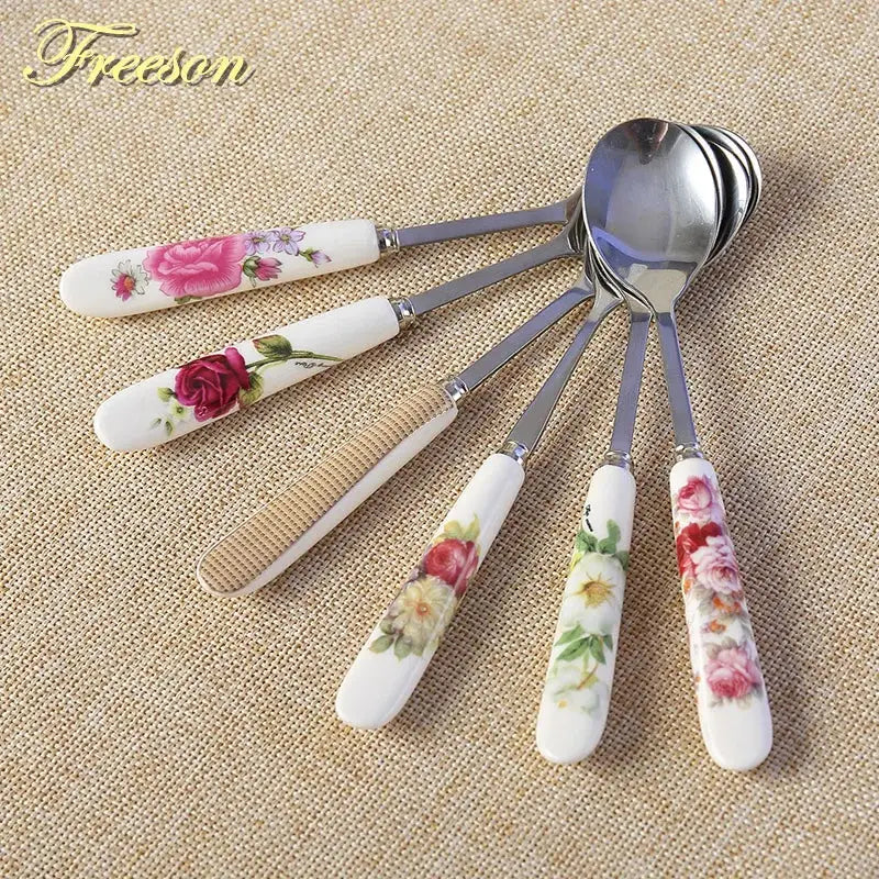 European floral bone china coffee spoon set dining room tableware