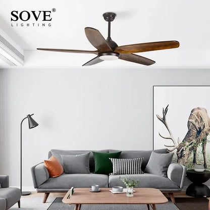 Modern dark brown wood ceiling fan with led light living room remote