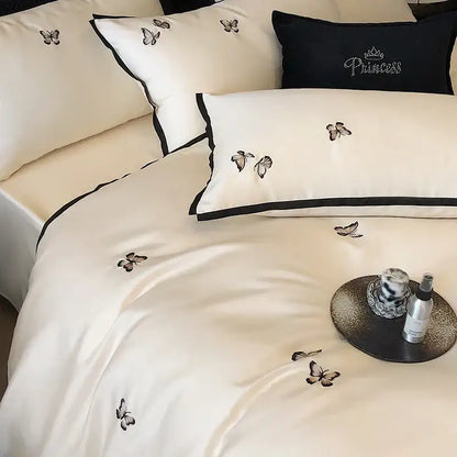 Cream & black 600tc egyptian cotton butterfly bedding set bedroom