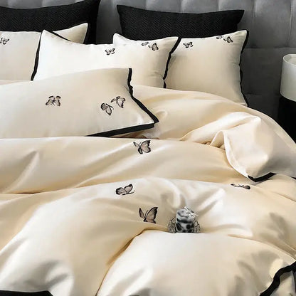 Cream & black 600tc egyptian cotton butterfly bedding set bedroom