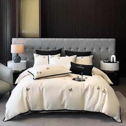 Cream & black 600tc egyptian cotton butterfly bedding set bedroom