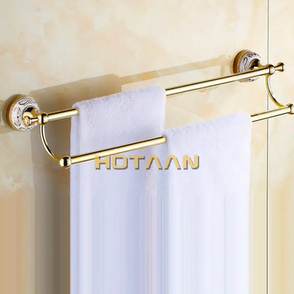 Ornate white & gold double towel bar for bathroom accessories