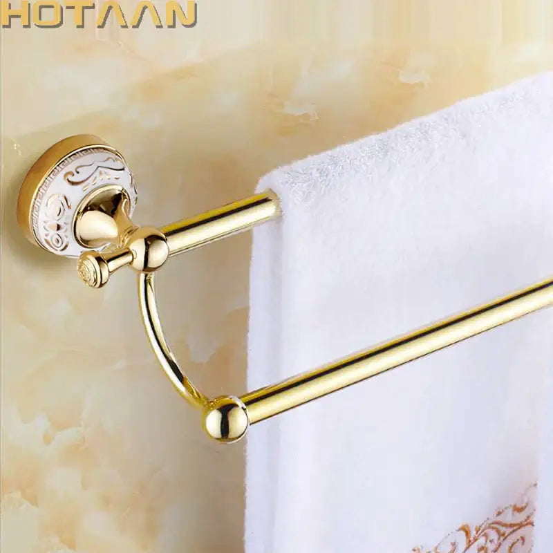 Ornate white & gold double towel bar for bathroom accessories