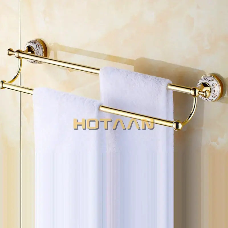 Ornate white & gold double towel bar for bathroom accessories