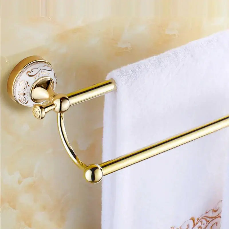 Ornate white & gold double towel bar for bathroom accessories