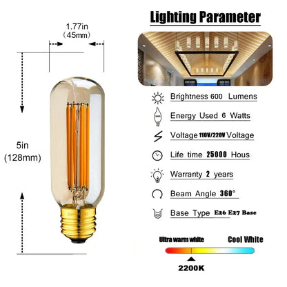 Vintage amber led tubular filament bulb living room dimmable light