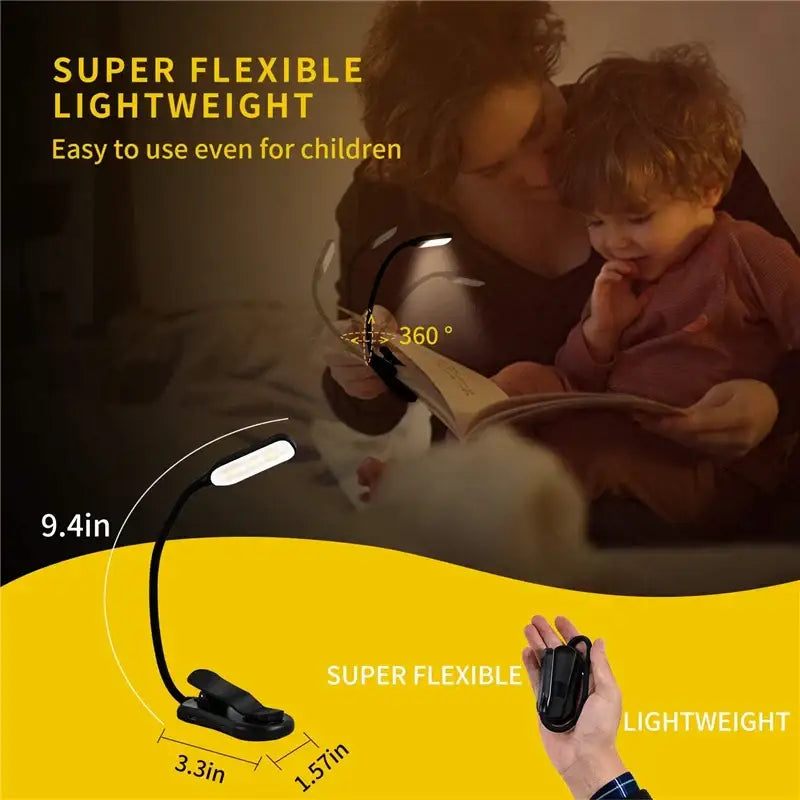 Flexible black led book light for bedroom rechargeable reading lamp