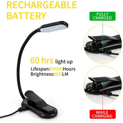 Flexible black led book light for bedroom rechargeable reading lamp